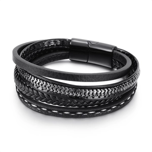 Mehrlagiges handgeflochtenes Lederarmband für Herren mit schwarzem Magnetverschluss