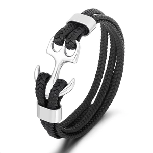 Men's nautical anchor bracelet with black braided leather rope and silver metal clasp