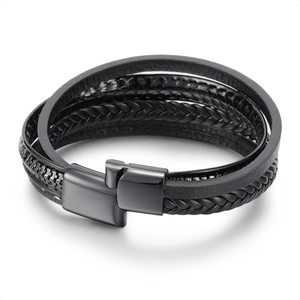 Mehrlagiges Herrenarmband aus schwarzem geflochtenem Leder mit poliertem Magnetverschluss
