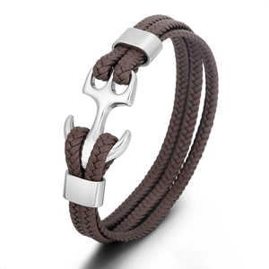 Men's vintage multi-layer braided leather bracelet with silver anchor clasp