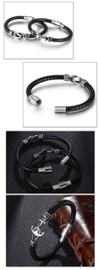 Detail von Vintage-Ankerarmband mit schwarzem Ledergeflecht und Magnetverschluss