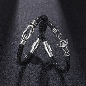 Herren Retro Handgewebtes Rindsleder Armband Edelstahl Anker Unendlichkeitsknoten Magnetverschluss Nautischer Schmuck