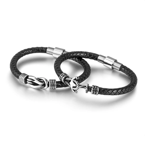 Herren Vintage Anker und Knoten Armbänder aus schwarzem Flechtseil und Edelstahl
