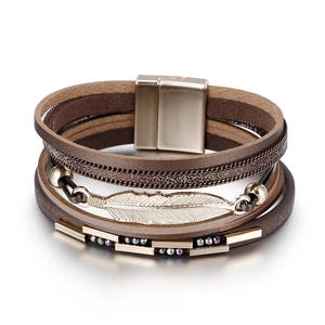Vintage Bohemian Multi-Layer Leatherette Bracelet With Alloy Feather Pendant And Zirconia Embellishments Magnetic Clasp
