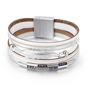 Bohemian multilayer leather bracelet with silver feather charm and colorful beads