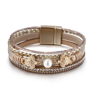 Bohemian Multi-Layer Leather Wrap Bracelet With Sea Turtle Alloy Charm Artificial Pearl Rhinestone Magnetic Clasp For Women Jewelry