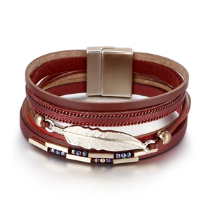 Bohemian multi-layer leather bracelet with silver feather charm and magnetic clasp