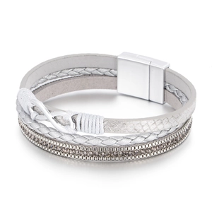 Grey multilayer rhinestone infinity charm leather bracelet with silver magnetic buckle