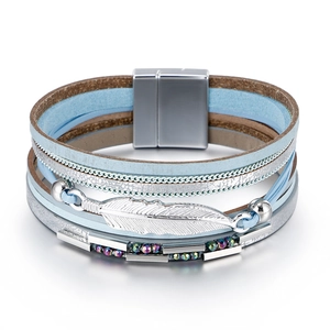 Bohemian multilayer leather wrap bracelet with silver feather charm and blue beaded strands