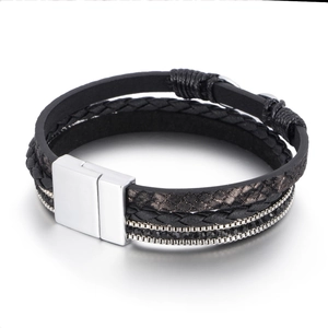 Multilayer black leather braid bracelet with rhinestones and magnetic silver clasp