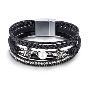 Bohemian multi-layer black leather turtle bracelet with pearls and rhinestones