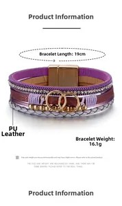 Detail of purple leather wrap bracelet with rhinestones, 19cm length and magnetic clasp