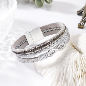 Bohemian multilayered grey leather bracelet with rhinestones, infinity symbol, and magnetic clasp