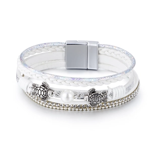Multilayer leather wrap bracelet with sea turtle charms and sparkling rhinestones