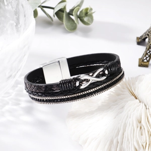 Black multilayer braided leather infinity bracelet with rhinestones and magnetic buckle