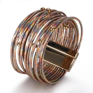 Multilayer leather wrap bracelet with golden beads and magnetic buckle in bronze finish