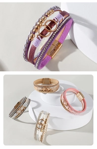 Detailed view of multilayer bohemian leather bracelet with magnetic clasp and beads