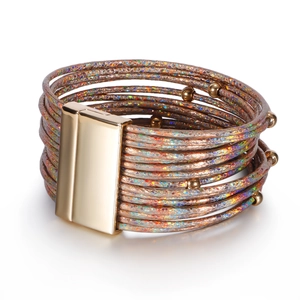 Multilayer leather wrap bracelet with colorful laser glitter beads and magnetic clasp