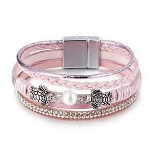 Bohemian multi-layer PU leather bracelet with silver sea turtles and white pearl