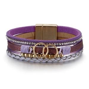 Bohemian Multi Layer Leather Wrap Bracelet For Women With Alloy Double Rings And Magnetic Clasp Rhinestone Decorative Hand Jewelry