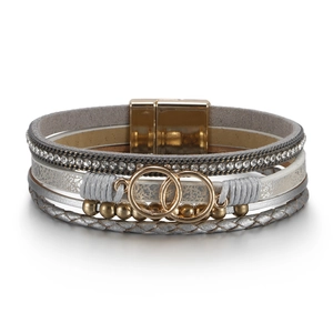 Bohemian multi-layer wrap leather bracelet with golden magnetic buckle and rhinestones