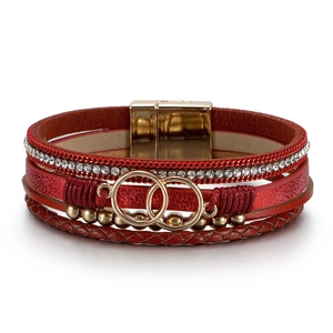 Bohemian multilayer braided leather bracelet with red glitter, rhinestones and magnetic clasp