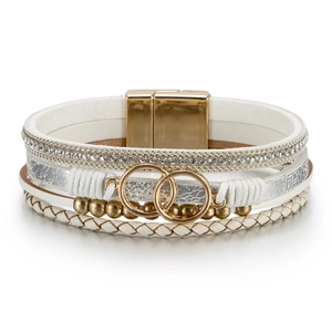 Bohemian multilayer white braided leather wrap bracelet with rhinestones and magnetic clasp