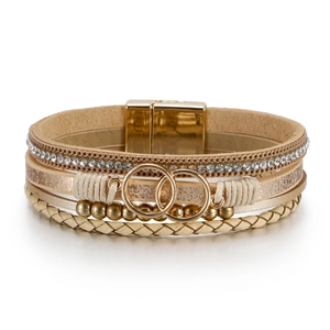 Multilayer bohemian beige leather wrap bracelet with gold rings and magnetic clasp