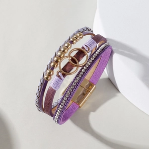 Multilayer purple braided leather bracelet with golden magnetic clasp and crystal accents