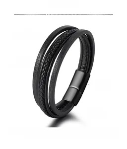 Detail view of multi-layer black leather bracelet with 21cm length and magnetic steel clasp
