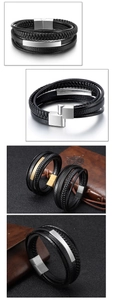 Detail of multilayer braided leather bracelet for men with magnetic stainless steel clasps