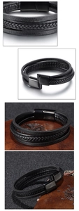 Detail of multi-layer black leather bracelet with matte metal magnetic clasp for men