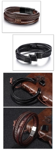 Detailansicht mehrlagiger geflochtener Lederarmbänder mit schwarzem Magnetverschluss
