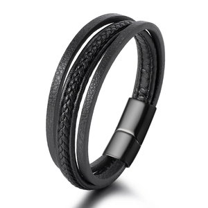 Men Multi-layer Leather Bracelet Braided Cord Stainless Steel Magnetic Clasp Western Style Black Fashion Jewelry Wristband