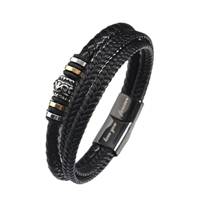 Mehrlagiges geflochtenes Lederarmband für Herren mit graviertem Edelstahl-Magnetverschluss