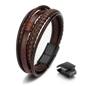 Herren Mehrlagiges Geflochtenes Leder Armband Mit Edelstahl Magnetverschluss Vintage Punk Stil Braun Schwarz Hand Schmuck