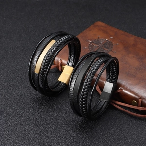 Men's multilayer black leather bracelet with magnetic clasp and metal accents