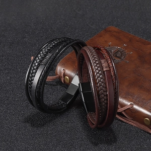 Mehrlagiges geflochtenes Lederarmband für Herren mit Edelstahl-Magnetverschluss