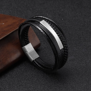 Men's multi-layer woven black leather bracelet with brushed metal plate and magnetic clasp