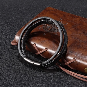 Multilayer woven black leather bracelet for men with matte black magnetic metal clasp