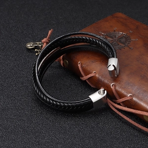 Multi-layer black braided leather bracelet for men with silver magnetic stainless steel clasp