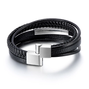 Men's multi-layer black braided leather bracelet with brushed stainless steel magnetic clasp