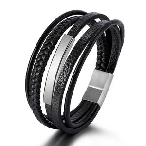 Men's Vintage Multilayer Woven Leather Bracelet with Magnetic Clasp Alloy Black Braided Wristband for Men Business Jewelry