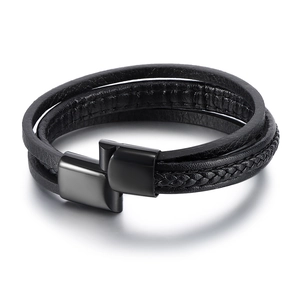 Multilayer black woven leather bracelet for men featuring a matte black metal clasp