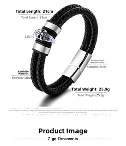 Detail view of punk skull bracelet with braided black leather and stainless steel magnetic clasp