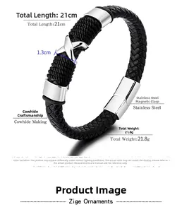 Close-up of black braided cowhide leather bracelet with silver X-shaped stainless steel magnetic clasp