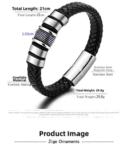 Detail of hand-woven black leather bracelet with magnetic stainless steel clasp and dimensions