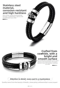 Detail of black woven leather bracelet with vintage steel skull charm and magnetic clasp