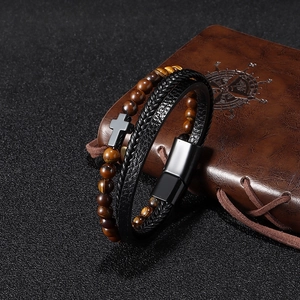 Bracciale da uomo con perline occhio di tigre croce e cinturino multistrato in pelle nera