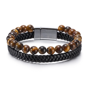 Heren Vintage Gevlochten Leren Armband Met Natuurlijke Tijgeroog Steen Agaat Kralen Gelaagde Magneetsluiting Hand Sieraden